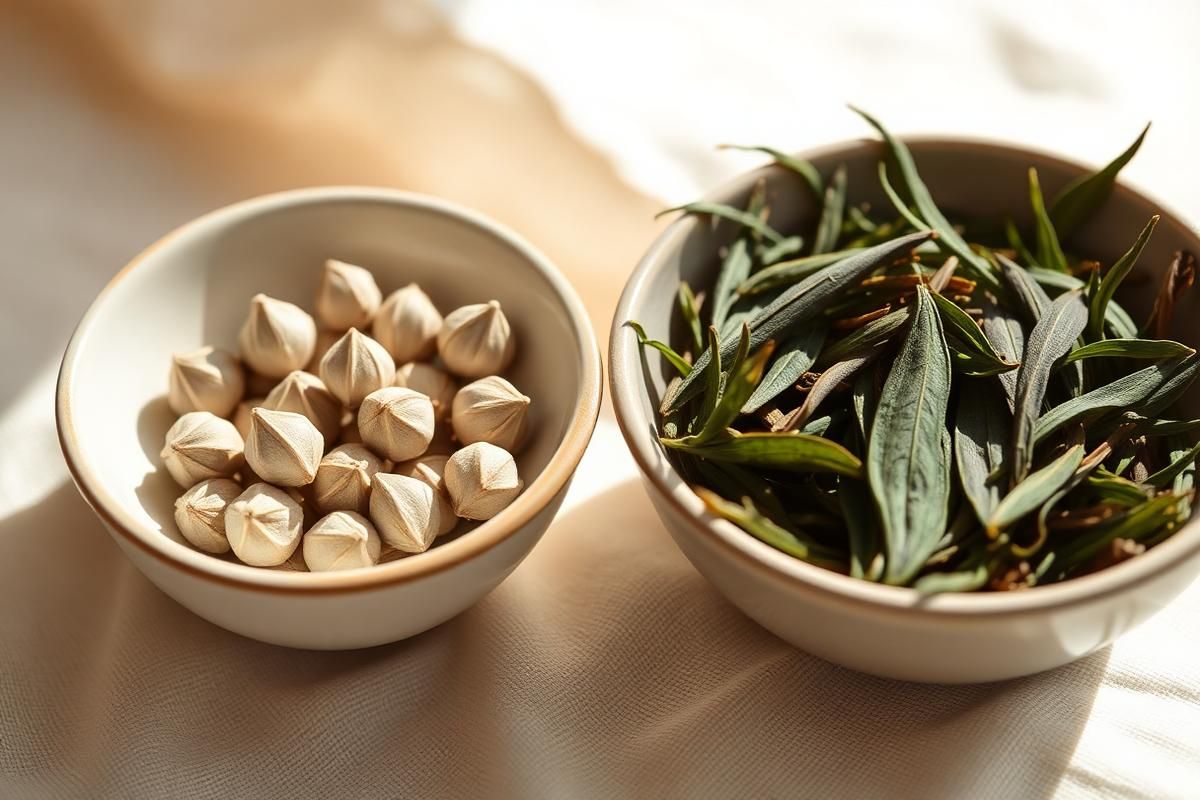 Silvery white tea buds next to flat green tea leaves in shallow dishes