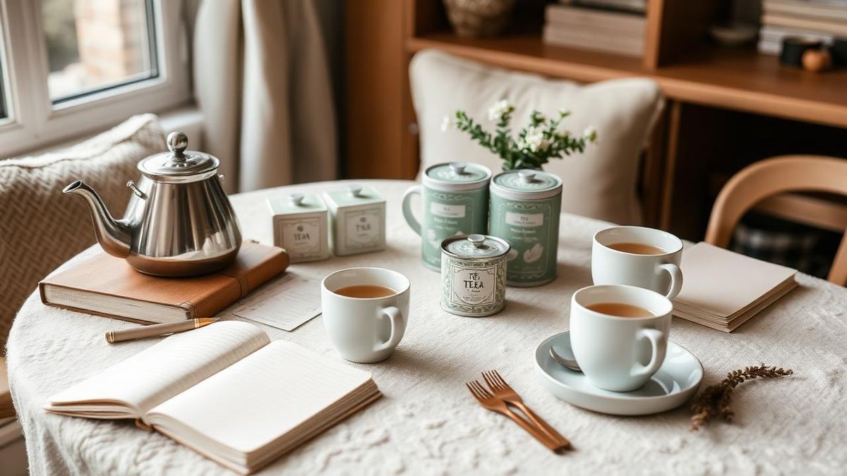 Home tea table with a kettle, tea tins, notebooks and two mugs
