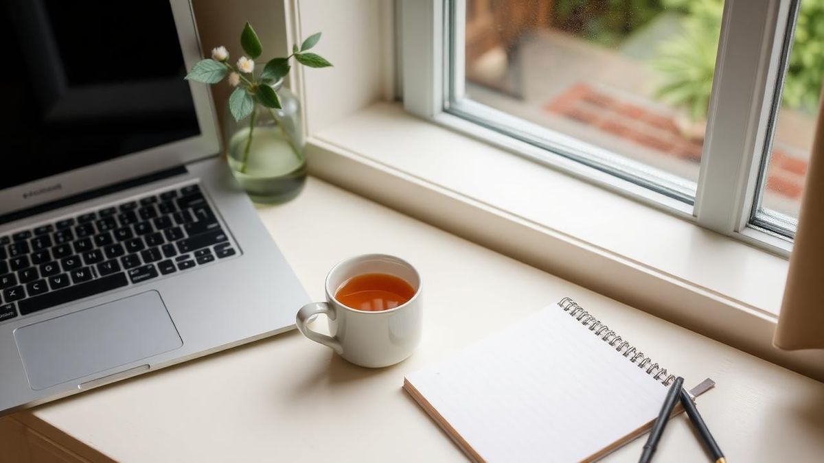 A mug of tea beside a laptop and notepad on a bright desk